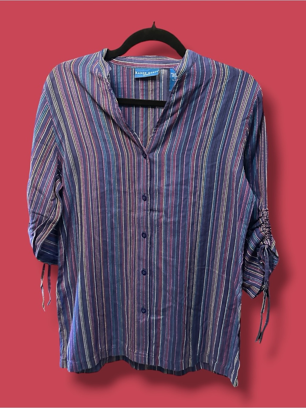 100% Cotton Karen Scott Navy and Multi-Stripe Button-Down Shirt